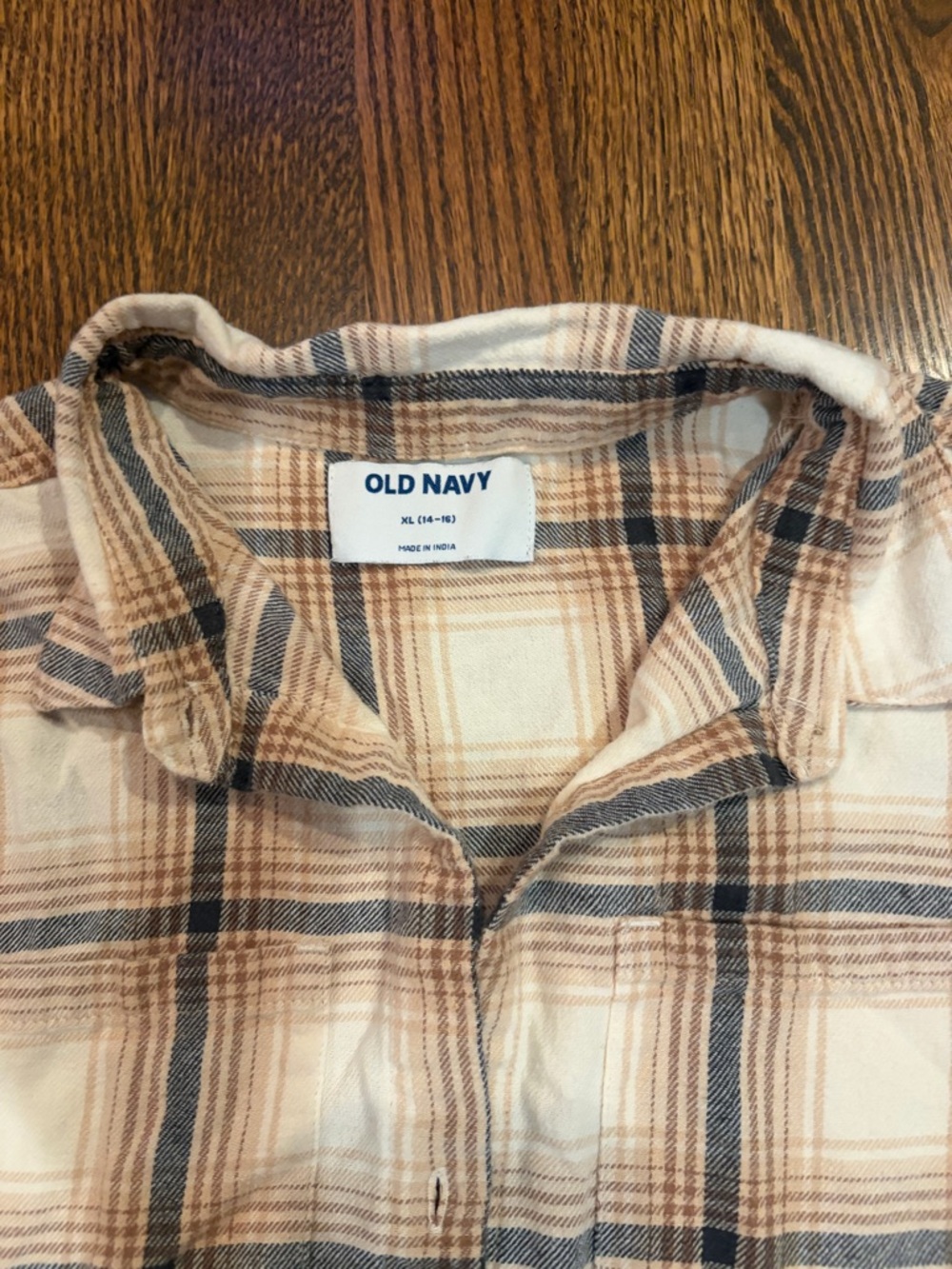 Old Navy Cream and Tan Plaid Shirt with Navy Accents